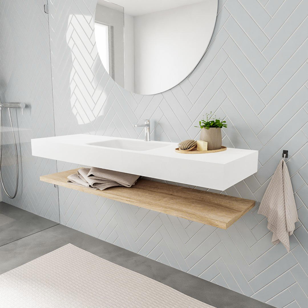 Mueble suspendido ALAN 150 cm de Sin cajones roble lavabo. Encimera con lavabo CLOUD centro 1 orificio blanco mate 6 MONDIAZ ALAN 150cm estante Washed Oak. Lavabo suspendido Centro 1 orificio