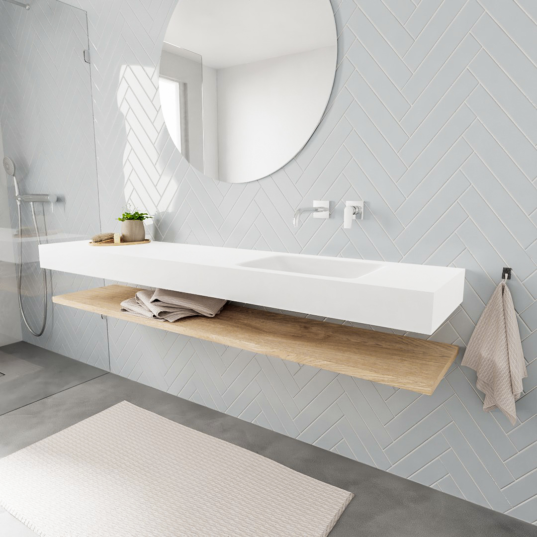MONDIAZ ALAN 200cm estante Washed Oak. Lavabo suspendido Derecho sin orificio