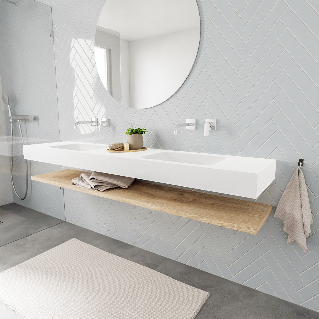 MONDIAZ ALAN 200cm estante Washed Oak. Lavabo suspendido Doble sin orificio, color Talc. 1 MONDIAZ ALAN 200cm estante Washed Oak. Lavabo suspendido Doble sin orificio