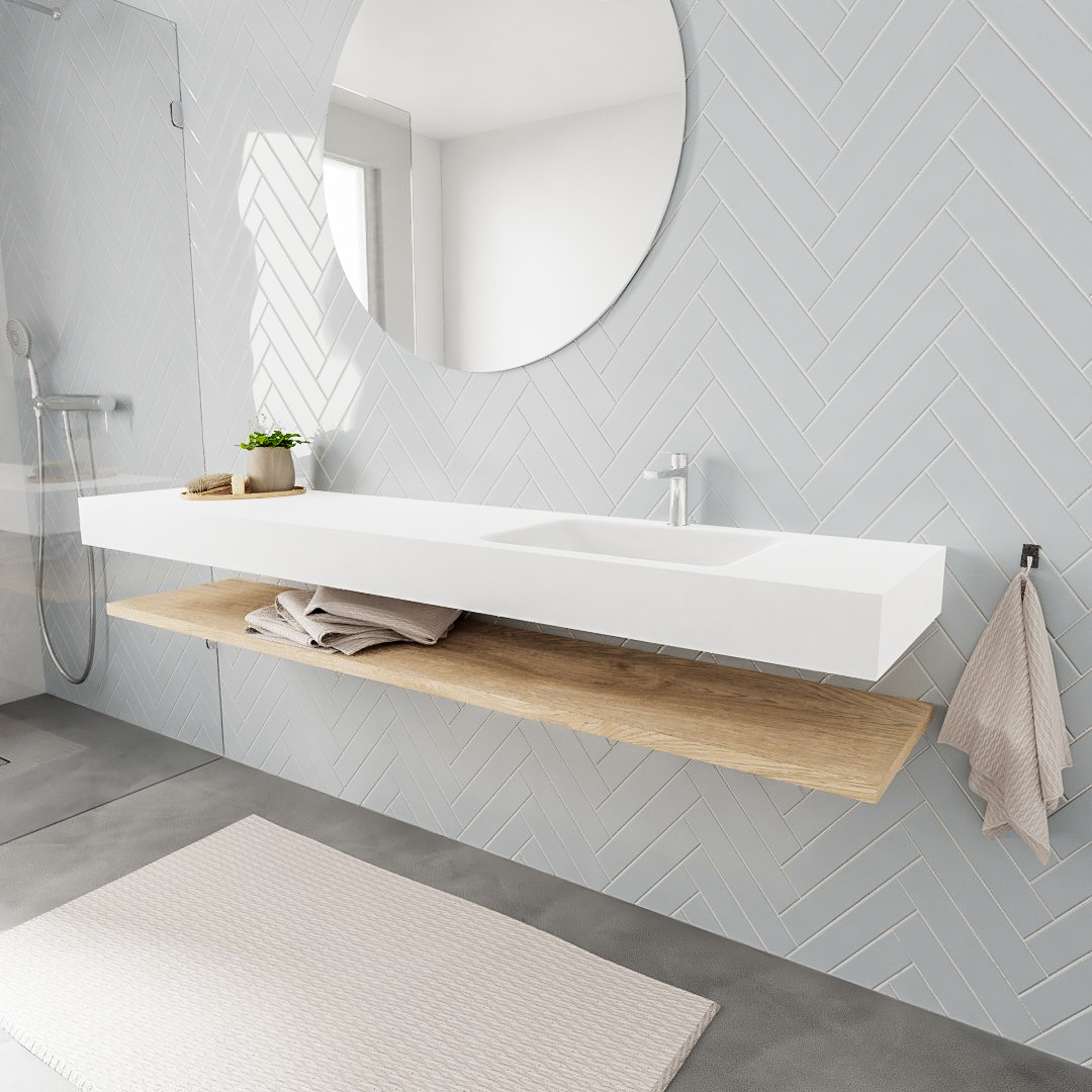 MONDIAZ ALAN 200cm estante Washed Oak. Lavabo suspendido Derecho 1 orificio