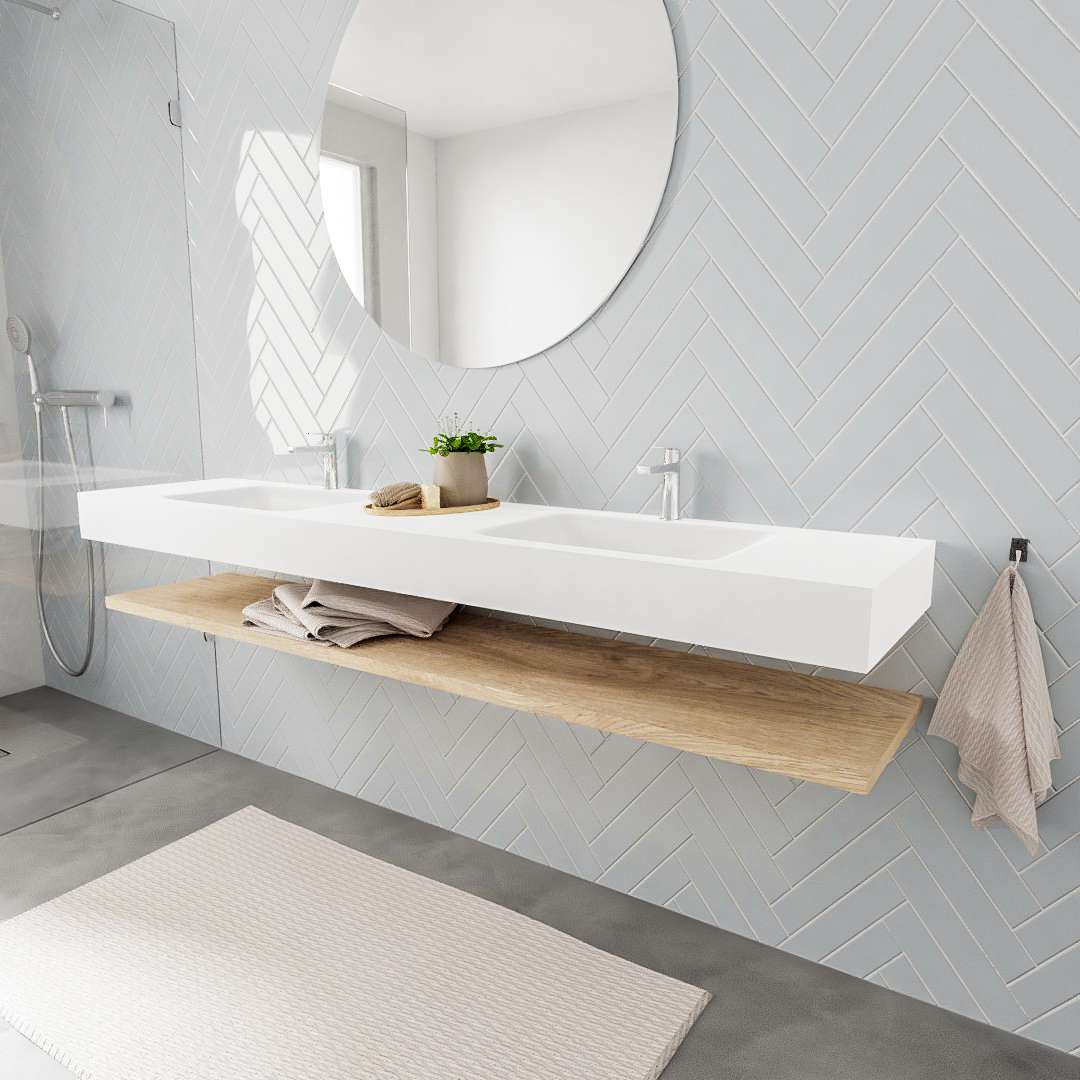 MONDIAZ ALAN 200cm estante Washed Oak. Lavabo suspendido Doble 2 orificios