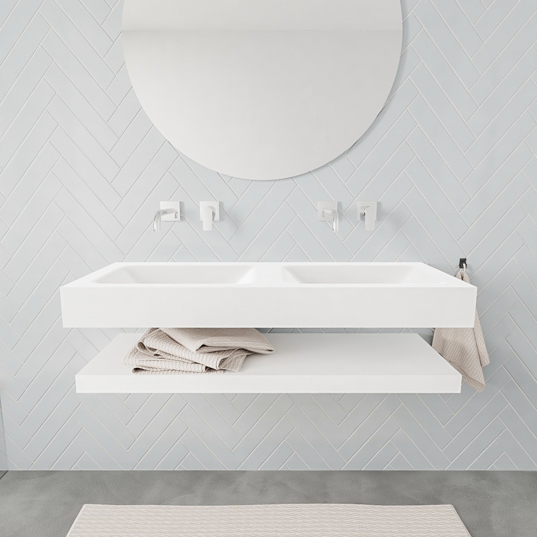Mueble suspendido ALAN 120 cm de Sin cajones blanco mate. Encimera con lavabo CLOUD doble sin orificio blanco mate 7 color Talc.