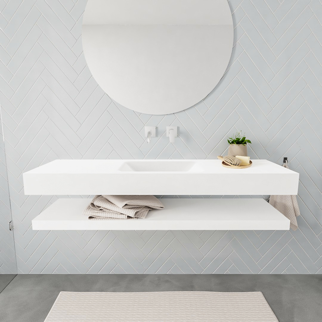Mueble suspendido ALAN 150 cm de Sin cajones blanco mate. Encimera con lavabo CLOUD centro sin orificio blanco mate 7 color Talc.