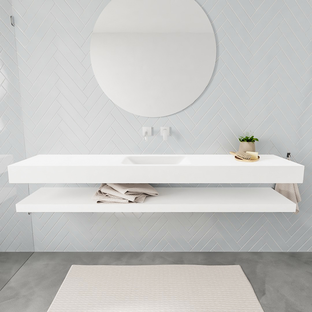 Mueble suspendido ALAN 200 cm de Sin cajones blanco mate. Encimera con lavabo CLOUD centro sin orificio blanco mate 7 color Talc.