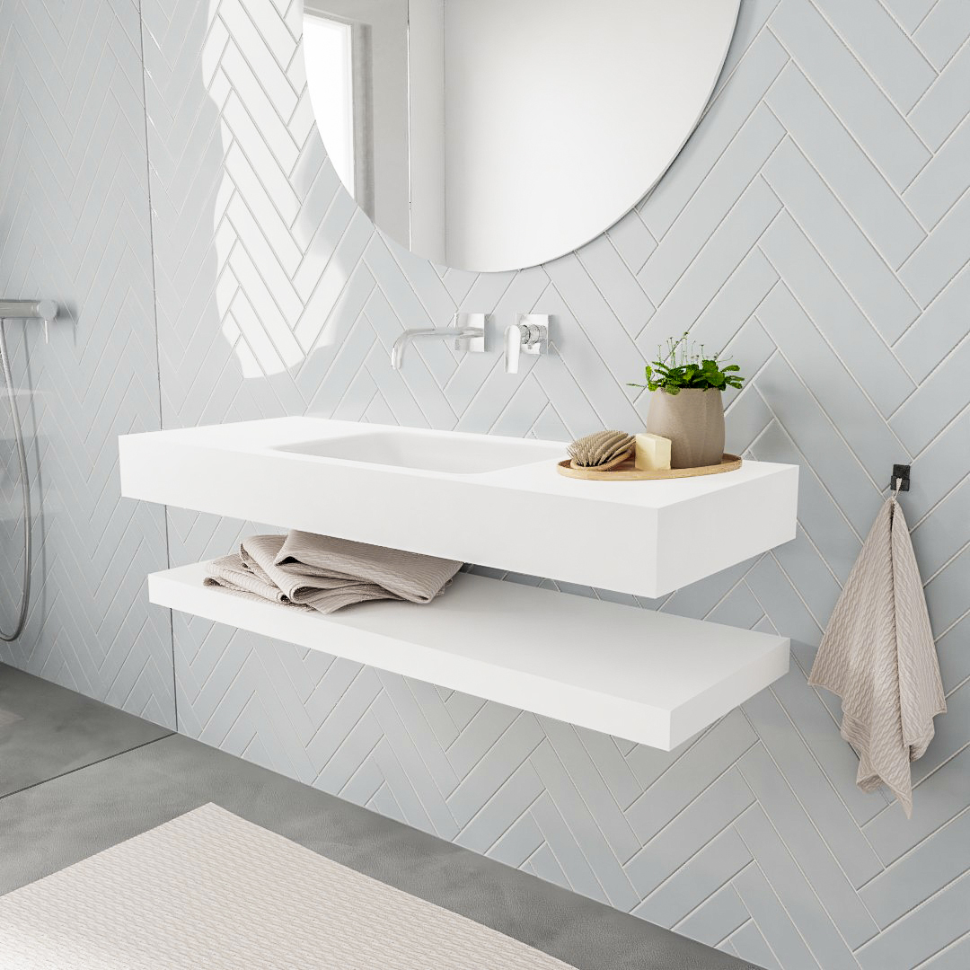 Mueble suspendido ALAN 120 cm de Sin cajones blanco mate. Encimera con lavabo CLOUD centro sin orificio blanco mate 6 MONDIAZ ALAN 120cm solid surface estante Talc. Lavabo suspendido Centro sin orificio