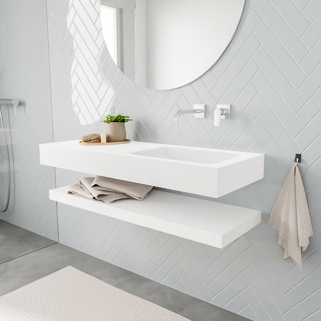 MONDIAZ ALAN 120cm solid surface estante Talc. Lavabo suspendido Derecho sin orificio