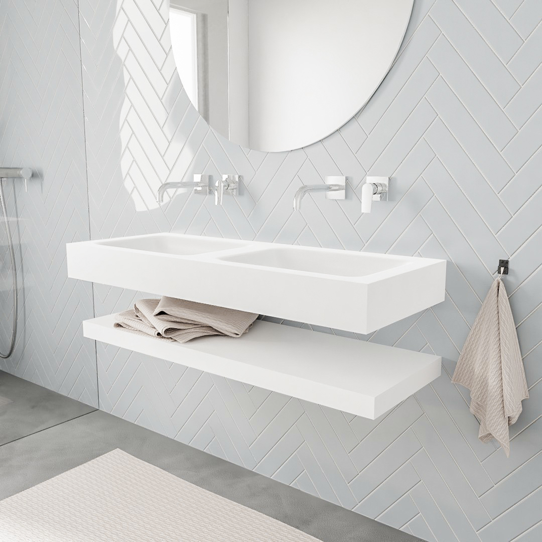 Mueble suspendido ALAN 120 cm de Sin cajones blanco mate. Encimera con lavabo CLOUD doble sin orificio blanco mate 6 MONDIAZ ALAN 120cm solid surface estante Talc. Lavabo suspendido Doble sin orificio