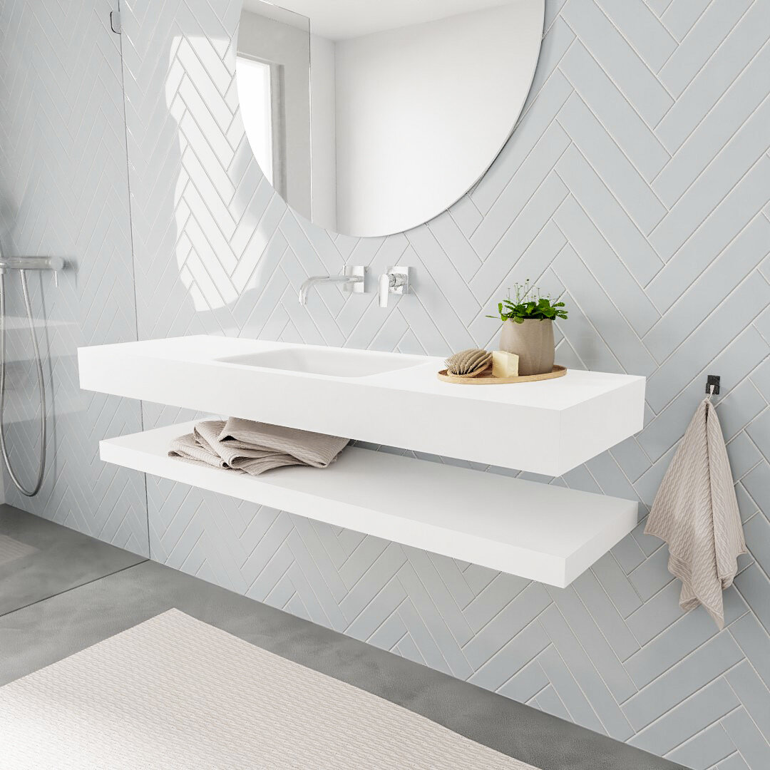 Mueble suspendido ALAN 150 cm de Sin cajones blanco mate. Encimera con lavabo CLOUD centro sin orificio blanco mate 6 MONDIAZ ALAN 150cm solid surface estante Talc. Lavabo suspendido Centro sin orificio
