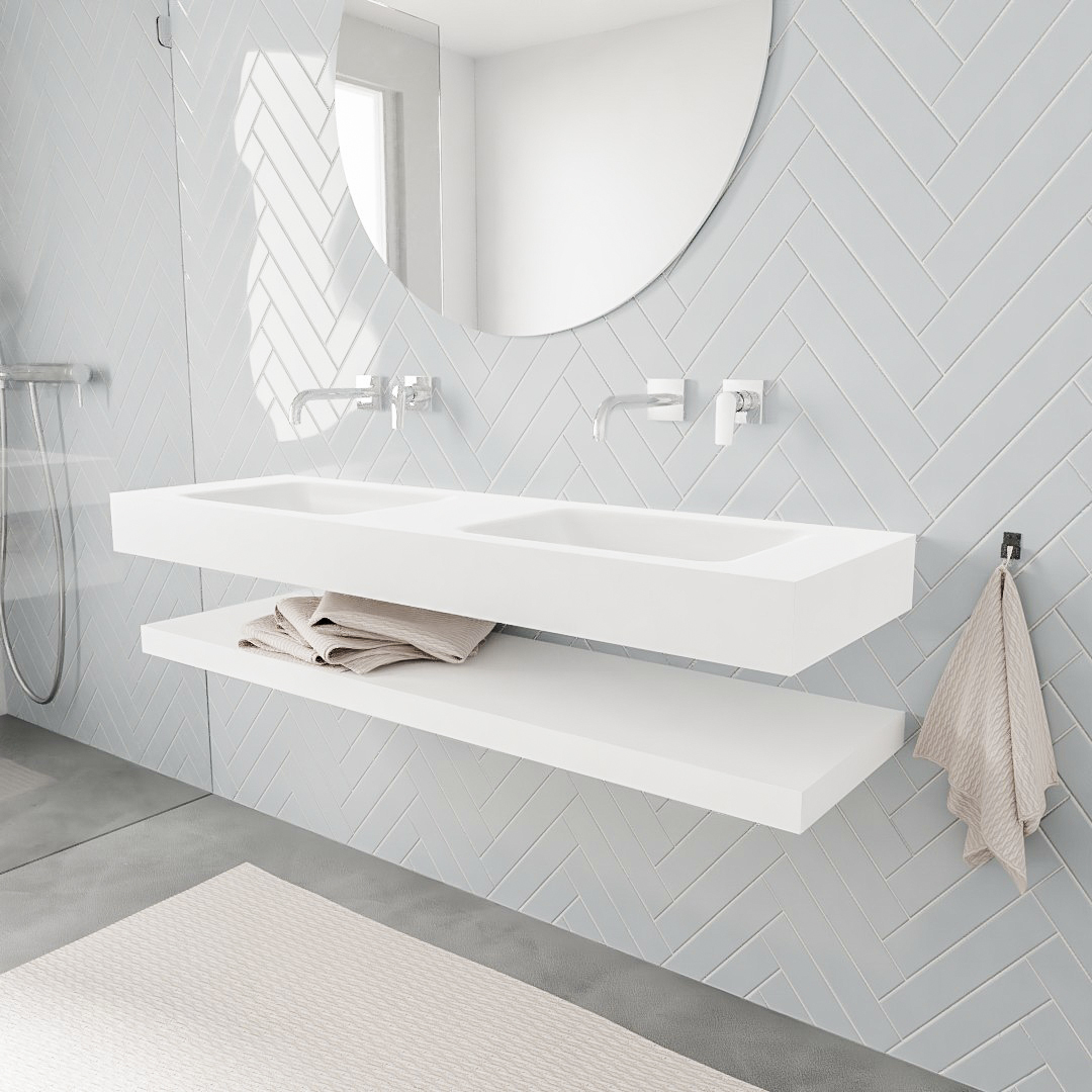 MONDIAZ ALAN 150cm solid surface estante Talc. Lavabo suspendido Doble sin orificio