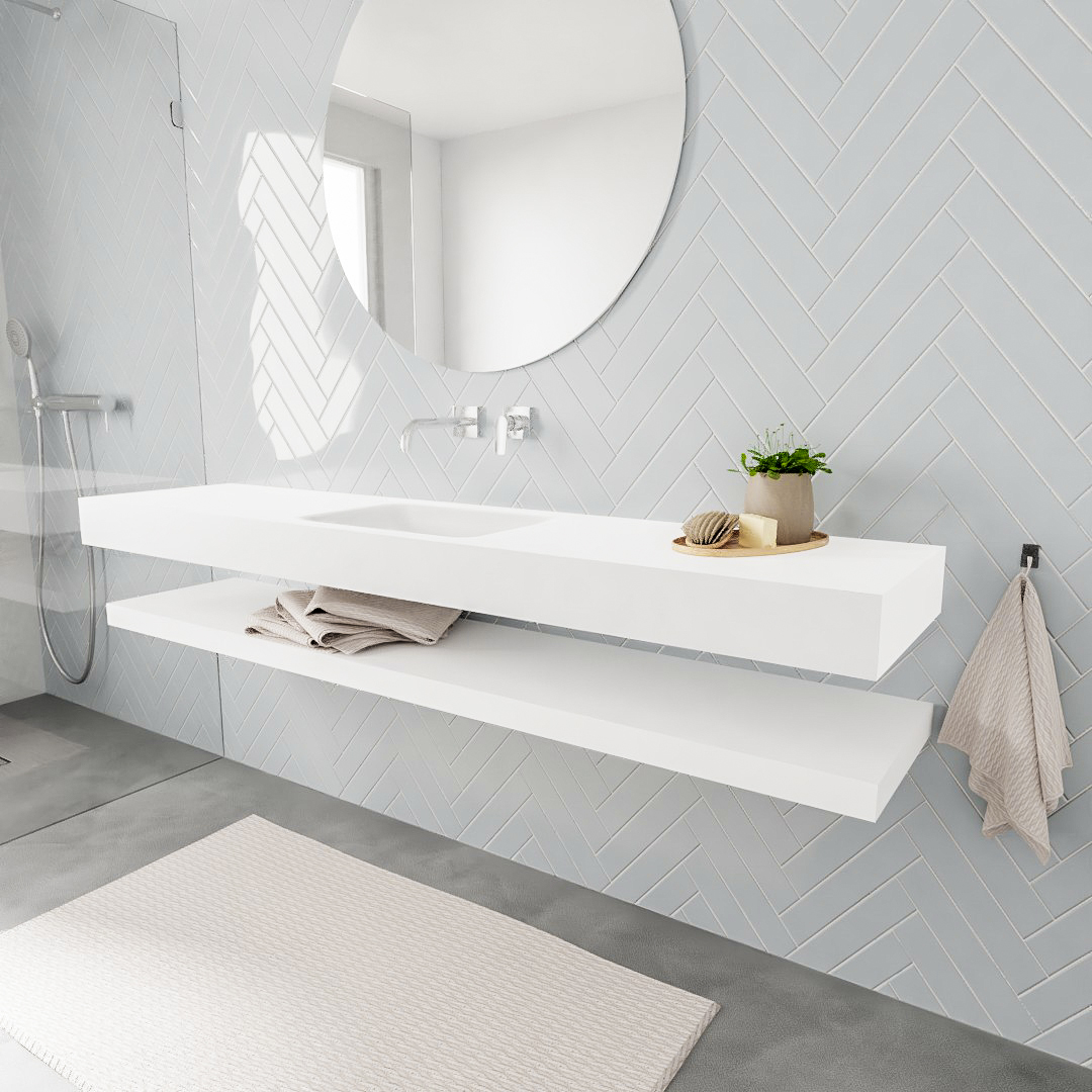 Mueble suspendido ALAN 200 cm de Sin cajones blanco mate. Encimera con lavabo CLOUD centro sin orificio blanco mate 6 MONDIAZ ALAN 200cm solid surface estante Talc. Lavabo suspendido Centro sin orificio