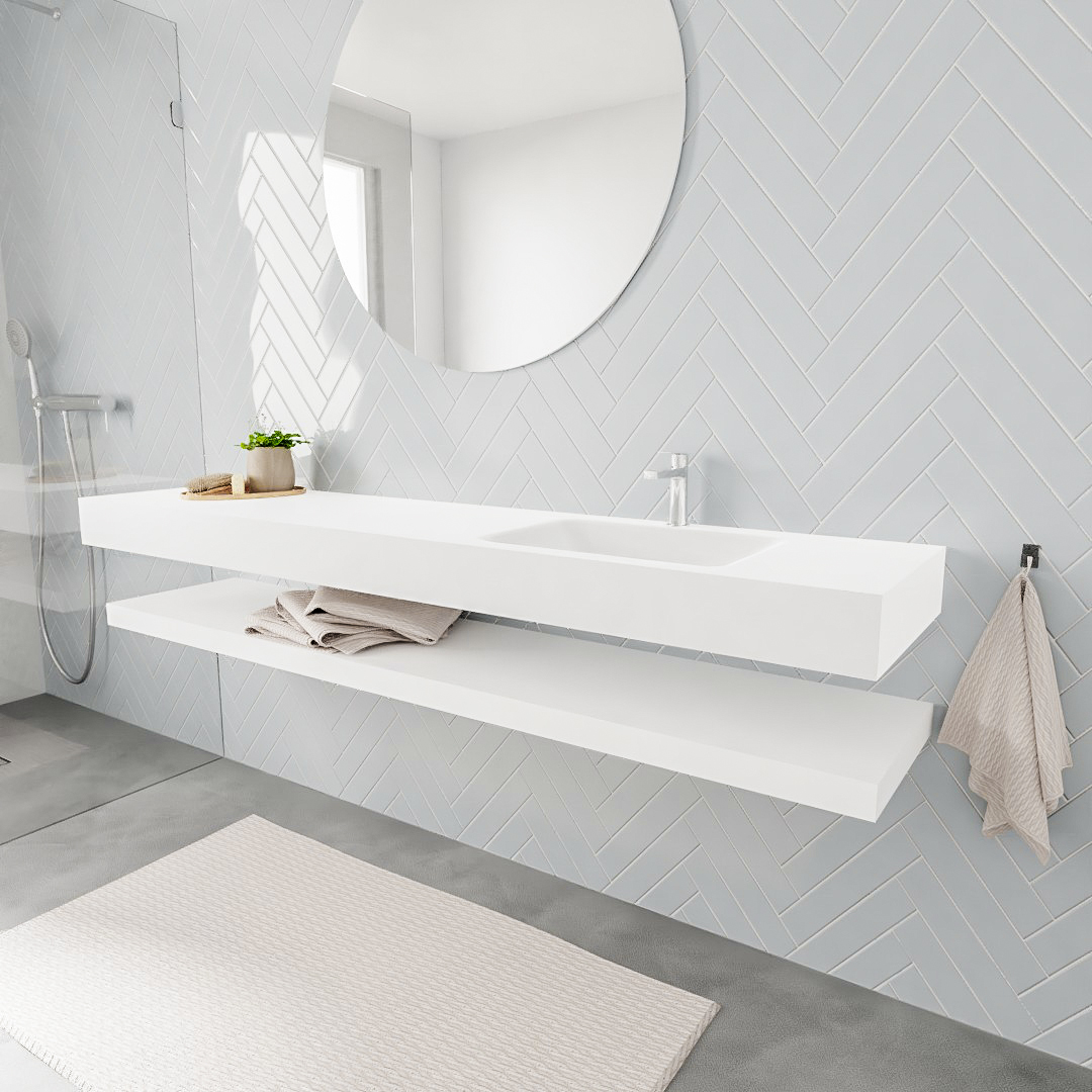 MONDIAZ ALAN 200cm solid surface estante Talc. Lavabo suspendido Derecho 1 orificio