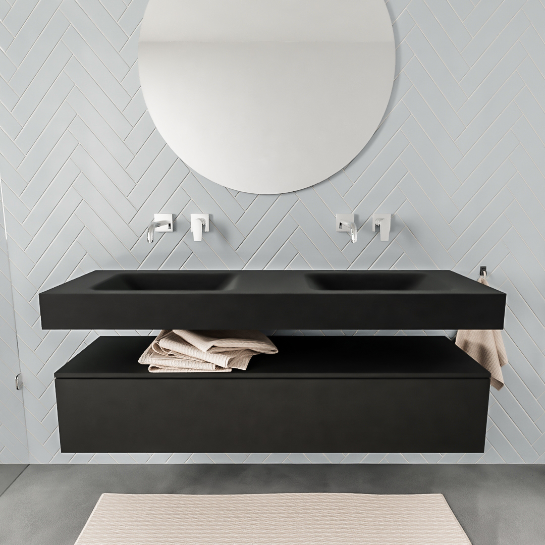 Mueble suspendido ALAN 150 cm de 1 cajón urban. Encimera con lavabo CLOUD doble sin orificio urban 7 color Urban.