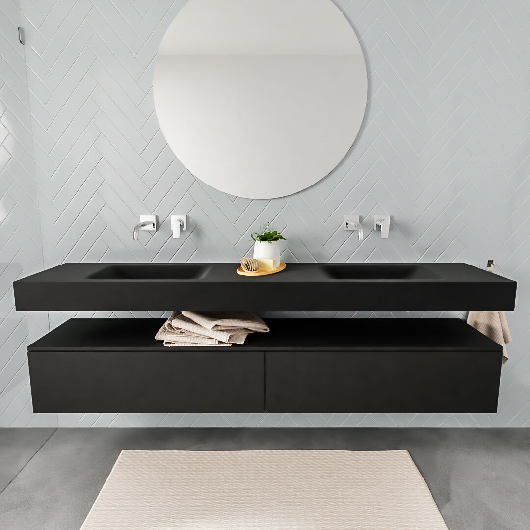 Mueble suspendido ALAN 200 cm de 2 cajones urban. Encimera con lavabo CLOUD doble sin orificio urban 7 color Urban.