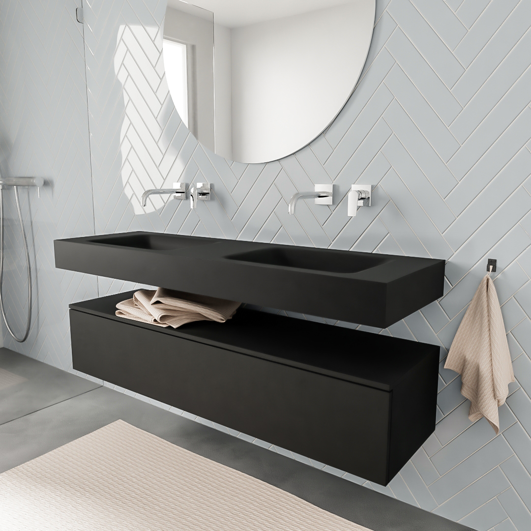 Mueble suspendido ALAN 150 cm de 1 cajón urban. Encimera con lavabo CLOUD doble sin orificio urban 6 MONDIAZ ALAN 150cm mueble de baño Urban 1 cajón lavabo suspendido Doble sin orificio