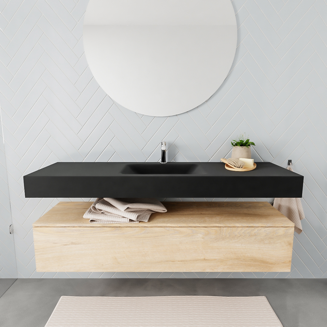 Mueble suspendido ALAN 150 cm de 1 cajón roble lavabo. Encimera con lavabo CLOUD centro 1 orificio urban 7 color Urban.