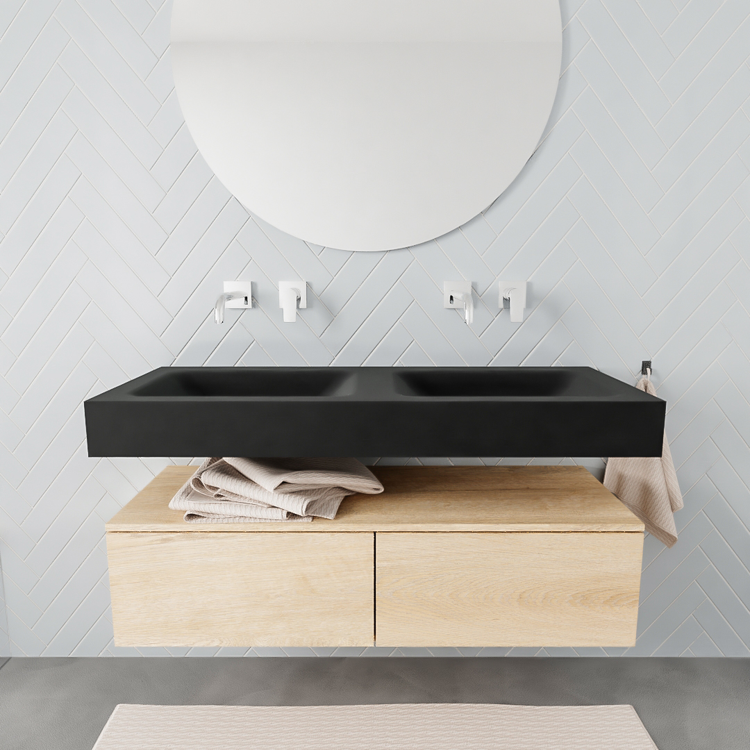 Mueble suspendido ALAN 120 cm de 2 cajones roble lavabo. Encimera con lavabo CLOUD doble sin orificio urban 7 color Urban.