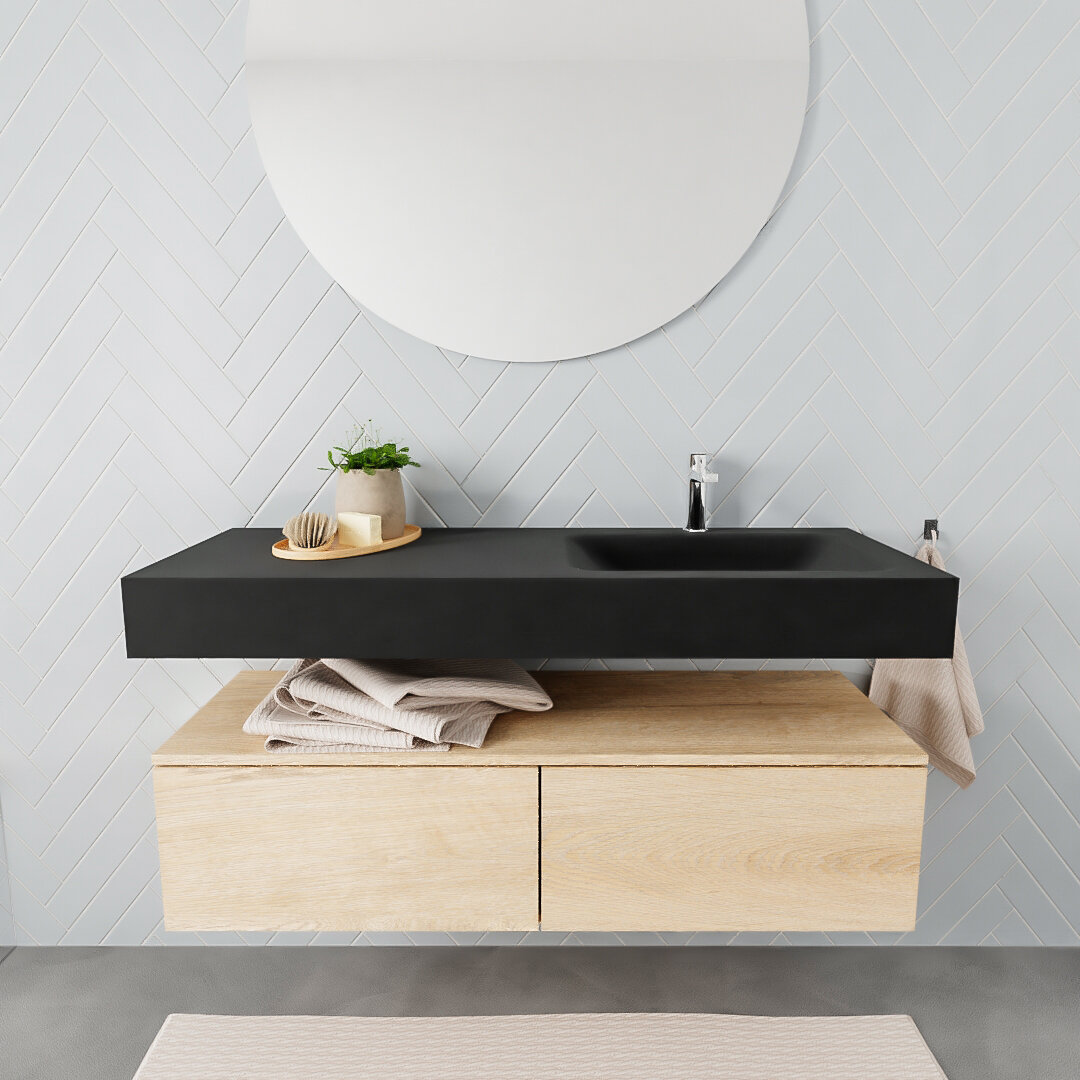 Mueble suspendido ALAN 120 cm de 2 cajones roble lavabo. Encimera con lavabo CLOUD derecha 1 orificio urban 7 color Urban.