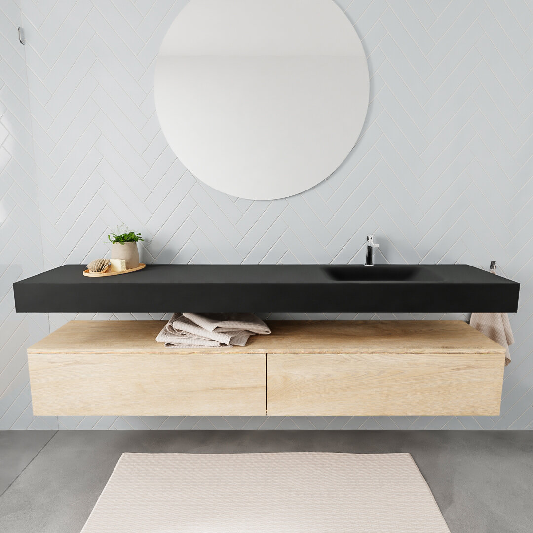 Mueble suspendido ALAN 200 cm de 2 cajones roble lavabo. Encimera con lavabo CLOUD derecha 1 orificio urban 6 color Urban.