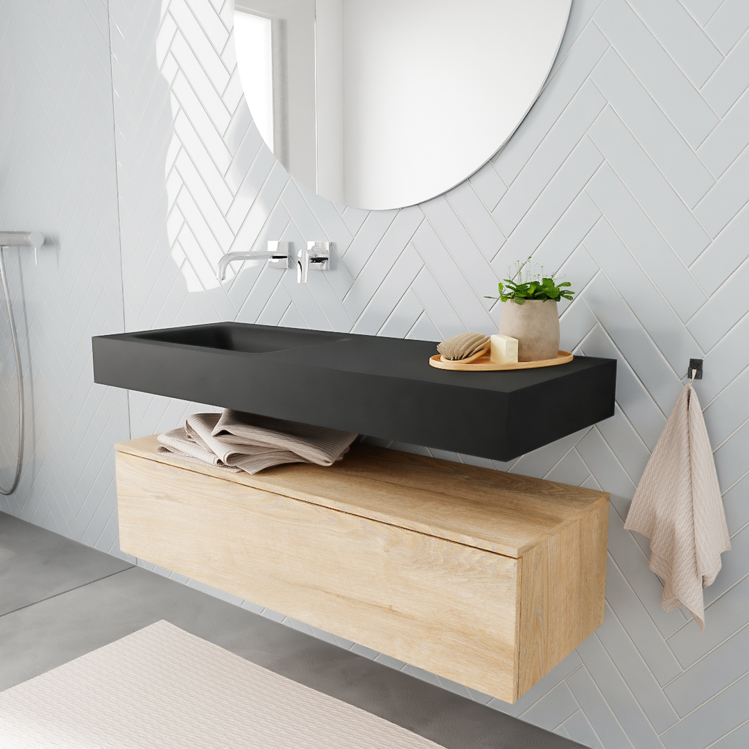 MONDIAZ ALAN 120cm mueble de baño Washed Oak 1 cajón lavabo suspendido Izquierda sin orificio