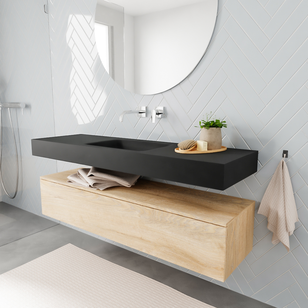 MONDIAZ ALAN 150cm mueble de baño Washed Oak 1 cajón lavabo suspendido Centro sin orificio