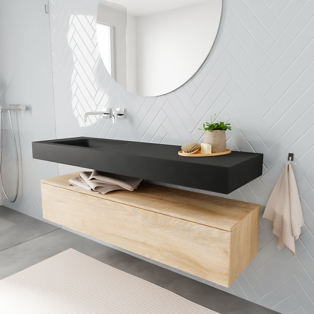 Mueble suspendido ALAN 150 cm de 1 cajón roble lavabo. Encimera con lavabo CLOUD izquierda sin orificio urban 6 MONDIAZ ALAN 150cm mueble de baño Washed Oak 1 cajón lavabo suspendido Izquierda sin orificio