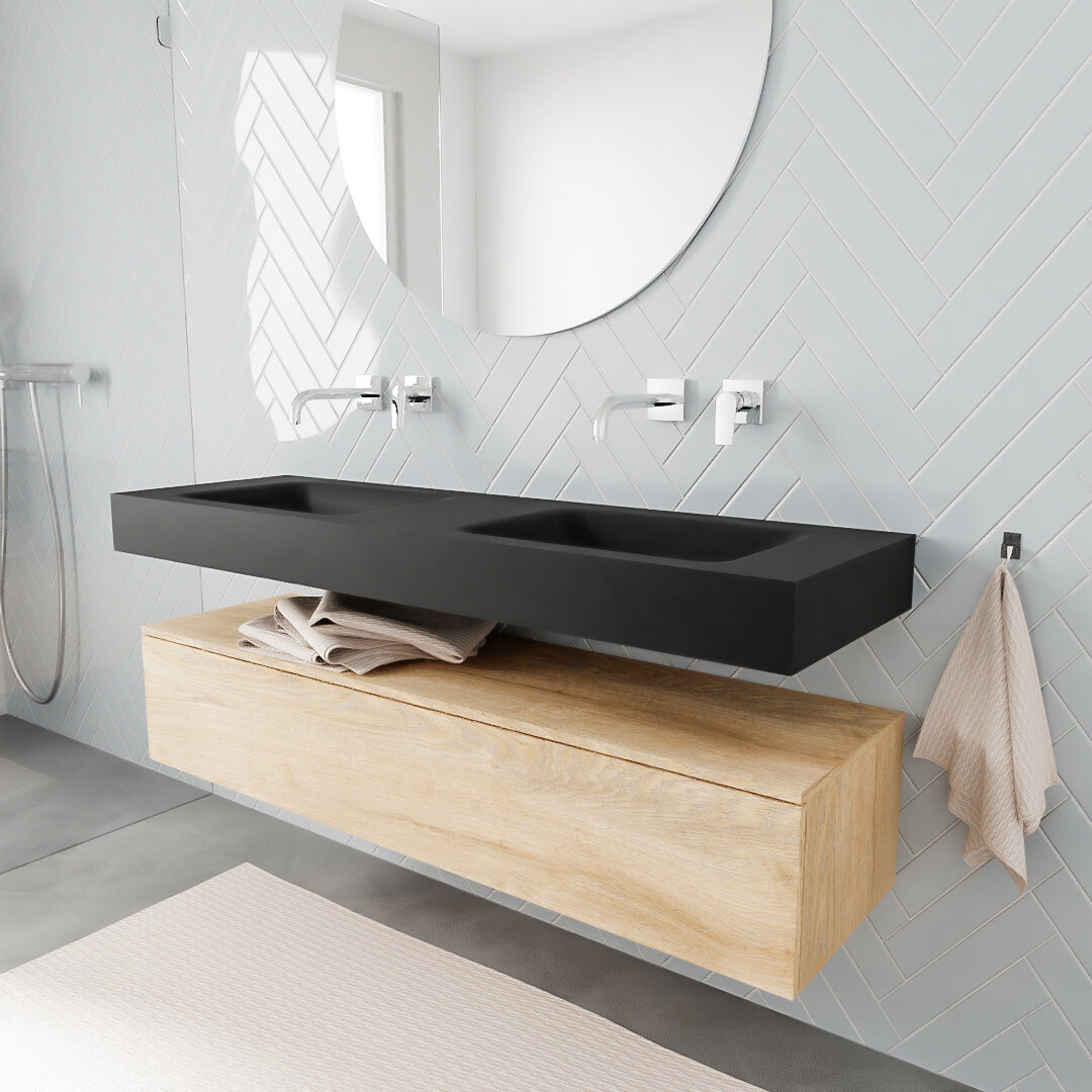 MONDIAZ ALAN 150cm mueble de baño Washed Oak 1 cajón lavabo suspendido Doble sin orificio