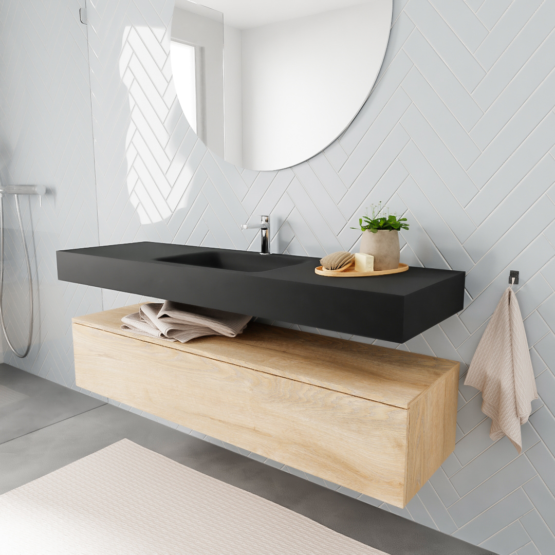 Mueble suspendido ALAN 150 cm de 1 cajón roble lavabo. Encimera con lavabo CLOUD centro 1 orificio urban 6 MONDIAZ ALAN 150cm mueble de baño Washed Oak 1 cajón lavabo suspendido Centro 1 orificio
