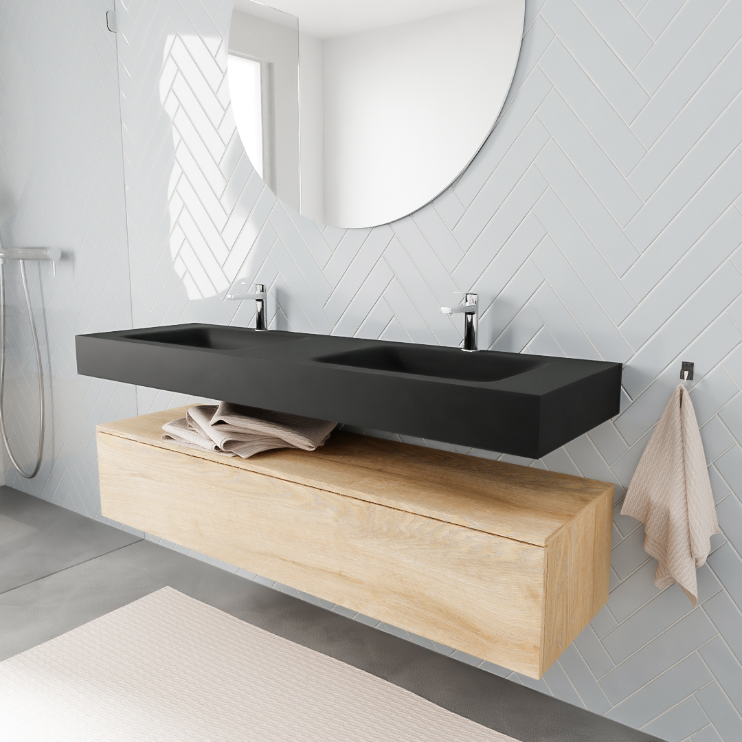 MONDIAZ ALAN 150cm mueble de baño Washed Oak 1 cajón lavabo suspendido Doble 2 orificios