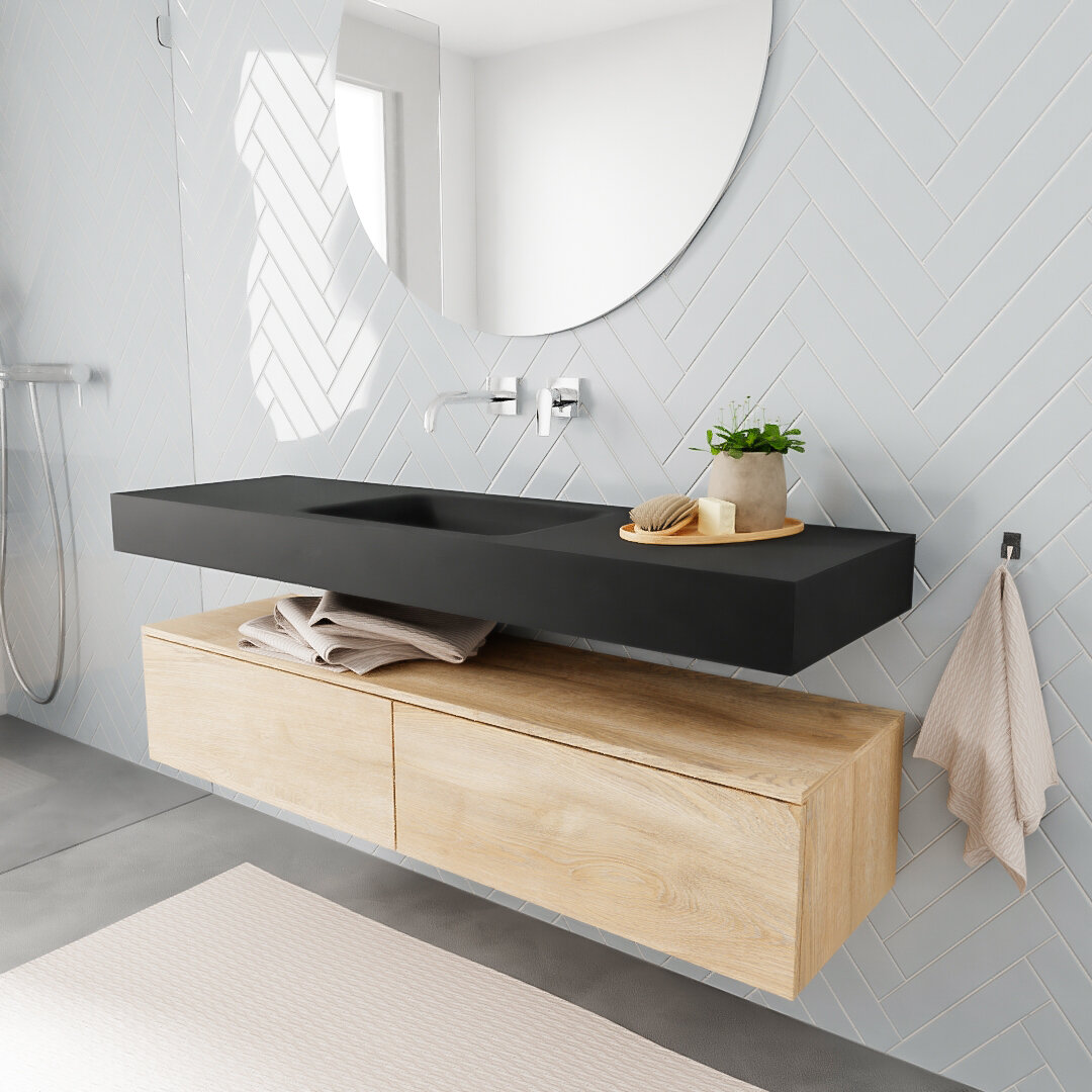 Mueble suspendido ALAN 150 cm de 2 cajones roble lavabo. Encimera con lavabo CLOUD centro sin orificio urban 6 MONDIAZ ALAN 150cm mueble de baño Washed Oak 2 cajones lavabo suspendido Centro sin orificio