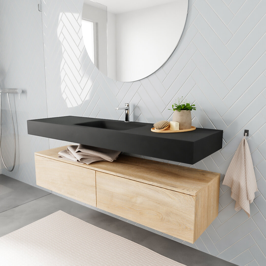 Mueble suspendido ALAN 150 cm de 2 cajones roble lavabo. Encimera con lavabo CLOUD centro 1 orificio urban 5 MONDIAZ ALAN 150cm mueble de baño Washed Oak 2 cajones lavabo suspendido Centro 1 orificio