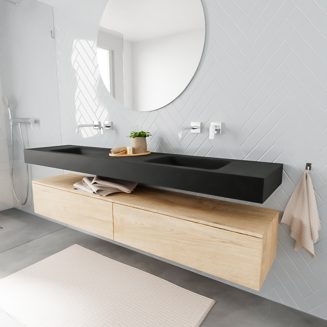 MONDIAZ ALAN 200cm mueble de baño Washed Oak 2 cajones lavabo suspendido Doble sin orificio