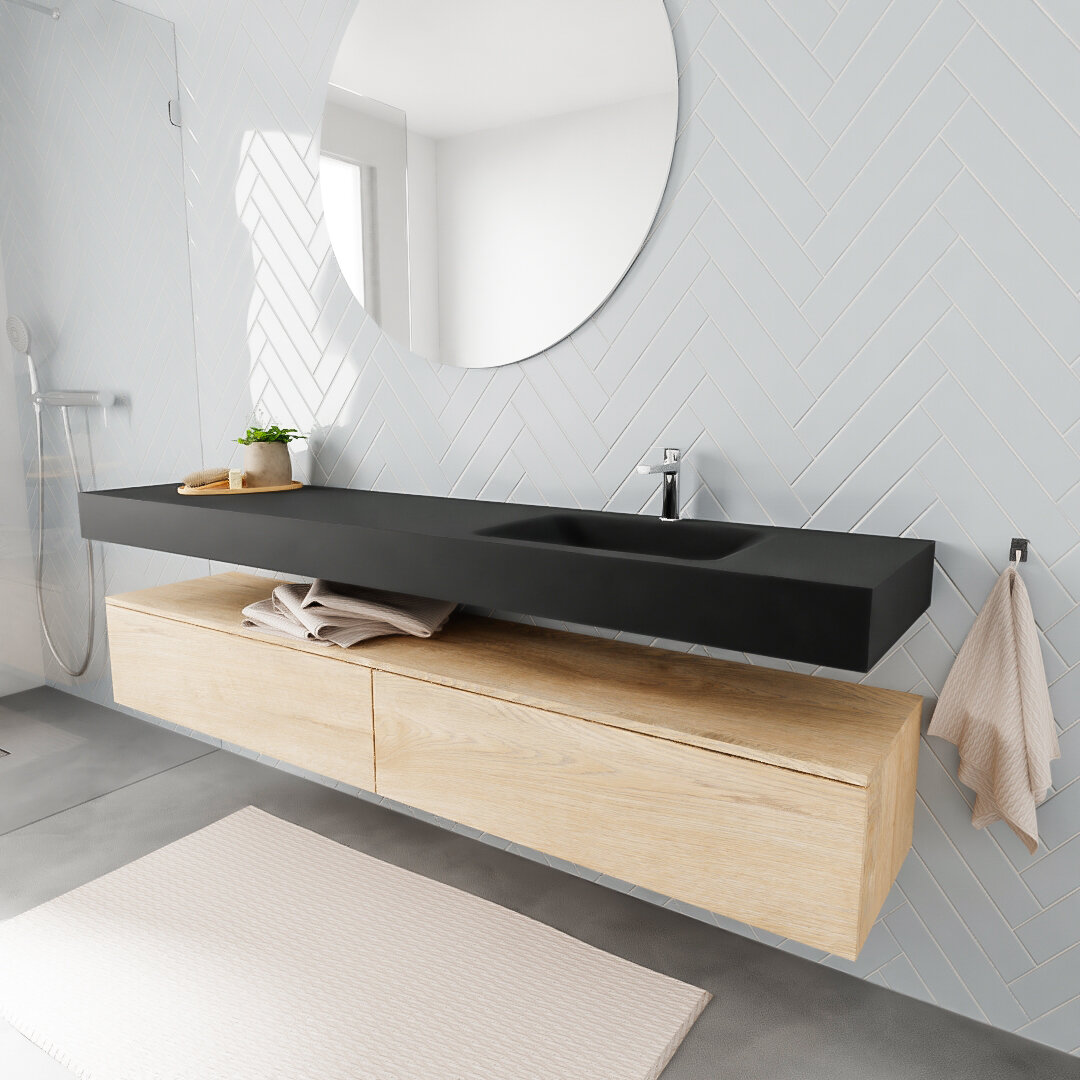 Mueble suspendido ALAN 200 cm de 2 cajones roble lavabo. Encimera con lavabo CLOUD derecha 1 orificio urban 5 MONDIAZ ALAN 200cm mueble de baño Washed Oak 2 cajones lavabo suspendido Derecho 1 orificio
