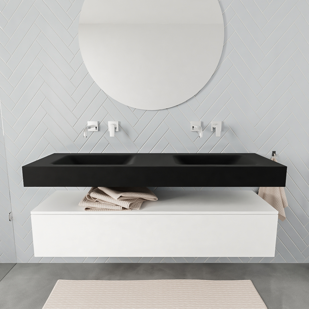 Mueble suspendido ALAN 150 cm de 1 cajón blanco mate. Encimera con lavabo CLOUD doble sin orificio urban 6 color Urban.