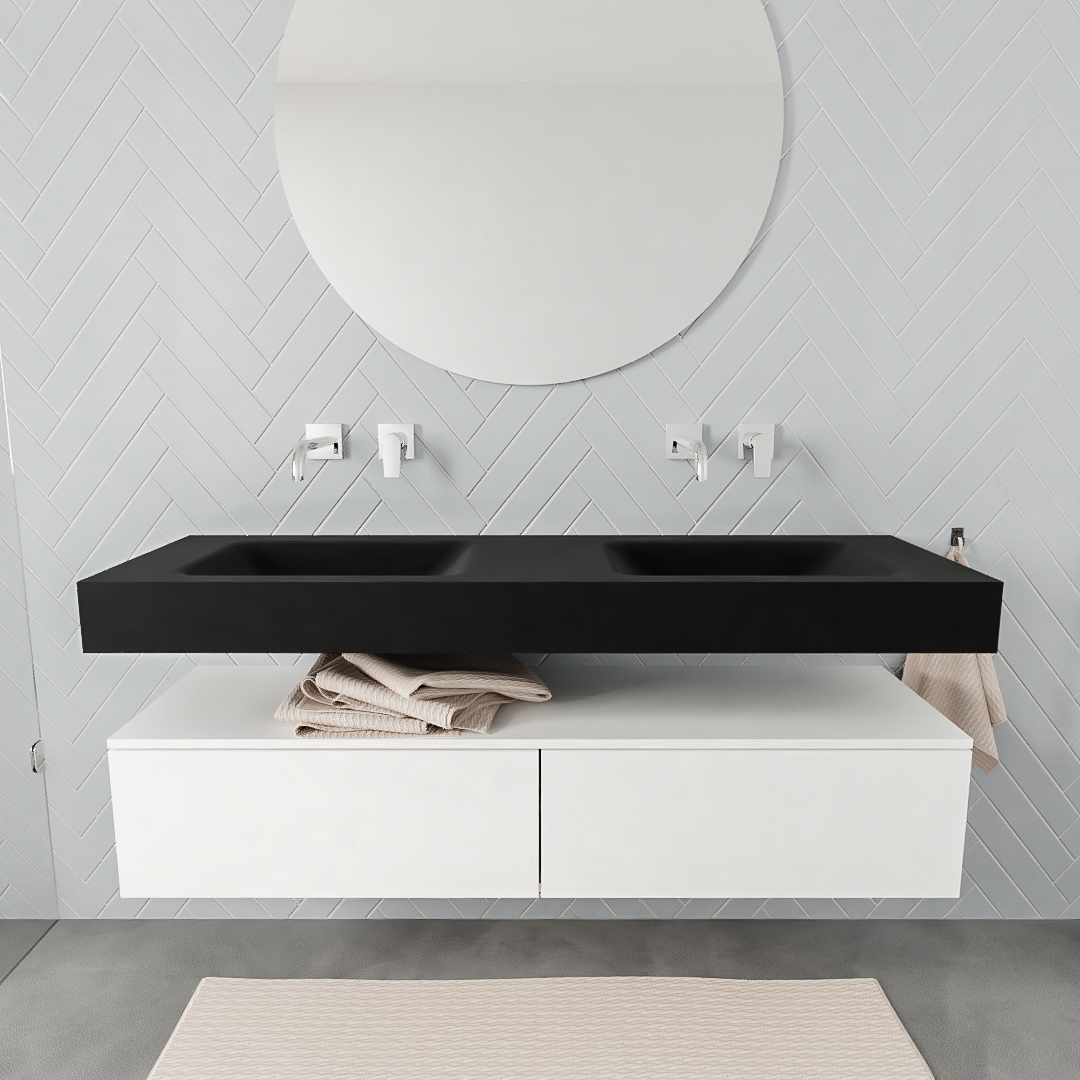 Mueble suspendido ALAN 150 cm de 2 cajones blanco mate. Encimera con lavabo CLOUD doble sin orificio urban 6 color Urban.