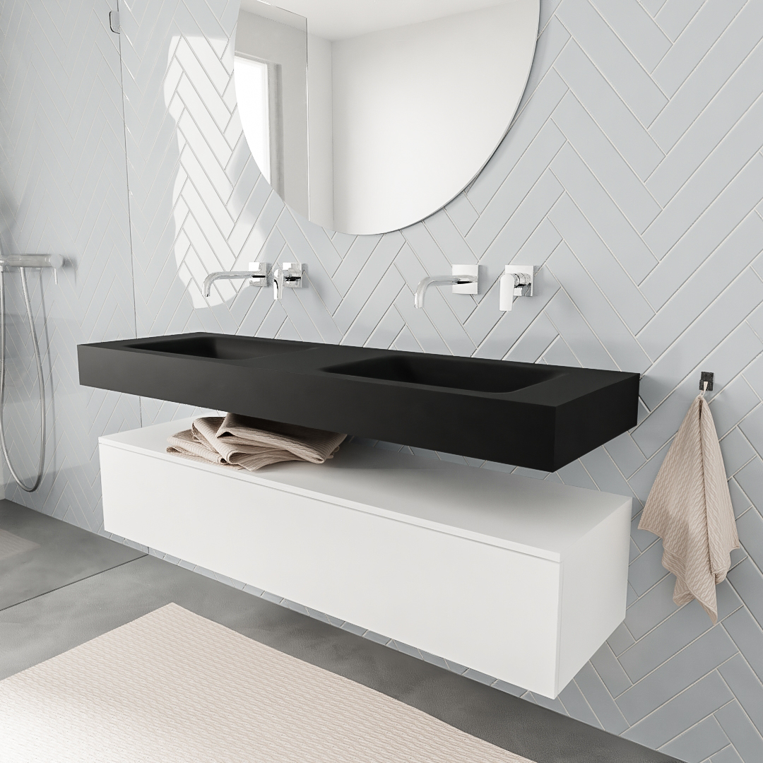 Mueble suspendido ALAN 150 cm de 1 cajón blanco mate. Encimera con lavabo CLOUD doble sin orificio urban 5 MONDIAZ ALAN 150cm mueble de baño Talc 1 cajón lavabo suspendido Doble sin orificio