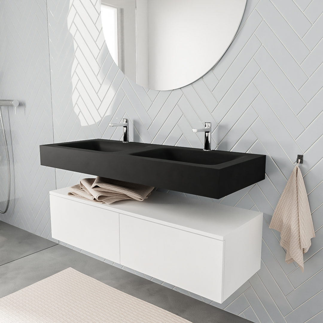 Mueble suspendido ALAN 120 cm de 2 cajones blanco mate. Encimera con lavabo CLOUD doble 2 orificios urban 5 MONDIAZ ALAN 120cm mueble de baño Talc 2 cajones lavabo suspendido Doble 2 orificios
