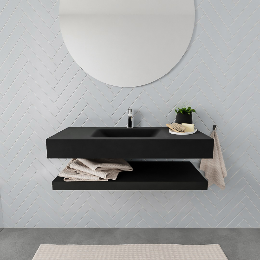 MONDIAZ ALAN 100cm solid surface estante Urban. Lavabo suspendido Centro 1 orificio, color Urban. 2 color Urban.