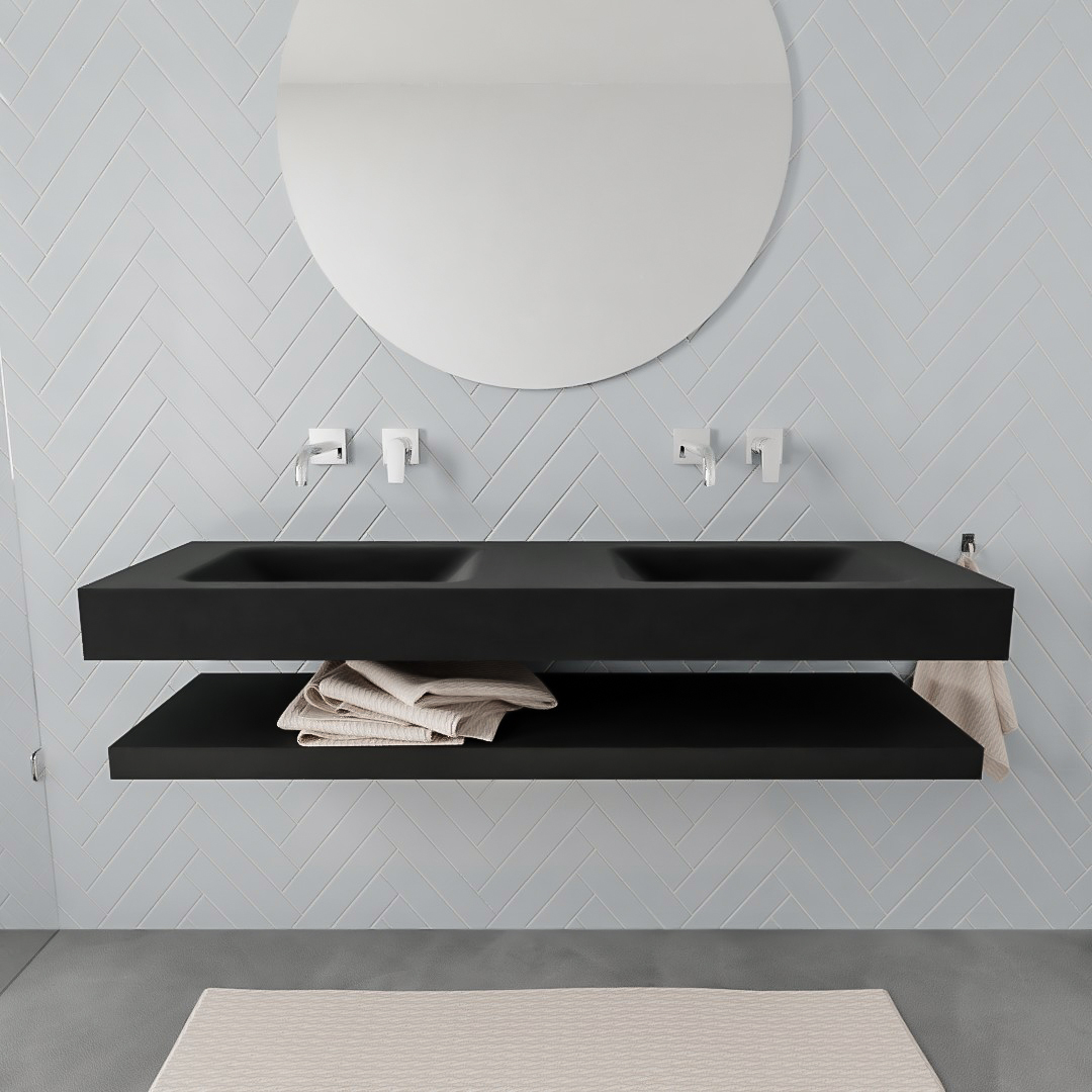 MONDIAZ ALAN 150cm solid surface estante Urban. Lavabo suspendido Doble sin orificio, color Urban. 2 color Urban.