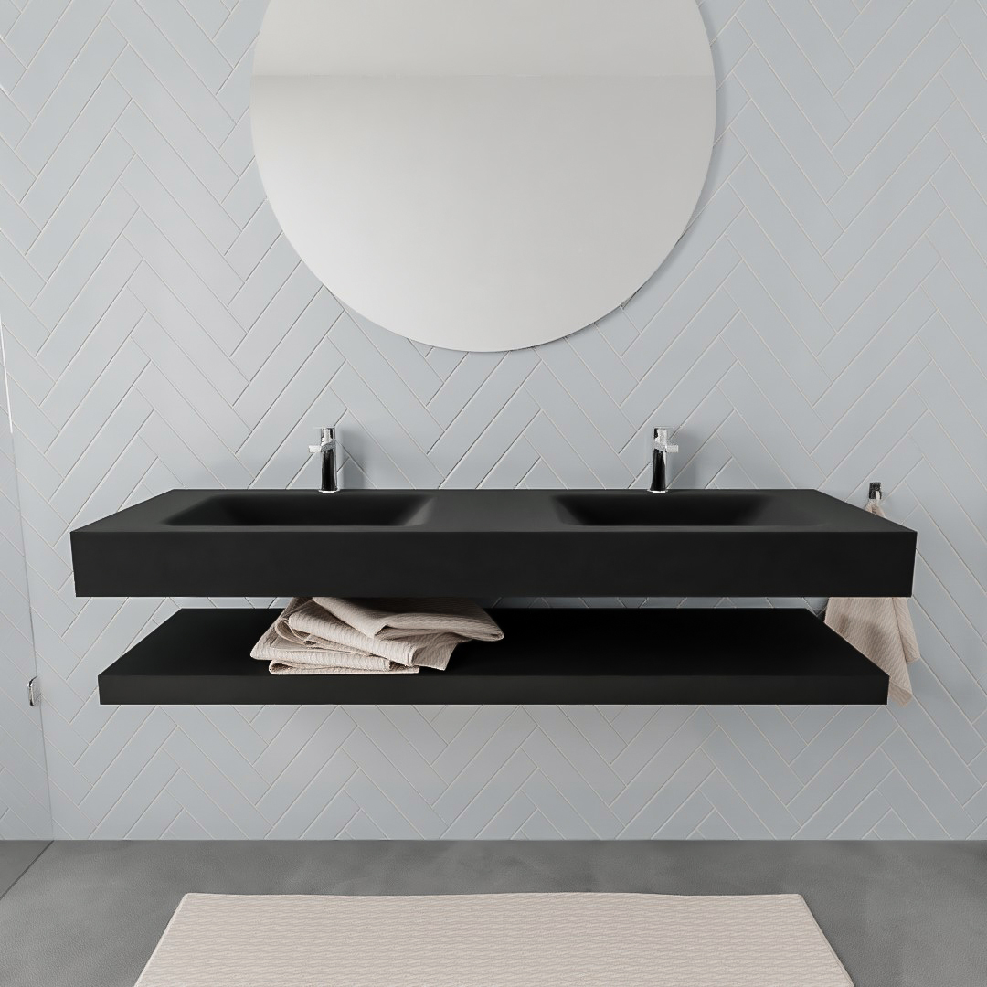 MONDIAZ ALAN 150cm solid surface estante Urban. Lavabo suspendido Doble 2 orificios, color Urban. 2 color Urban.