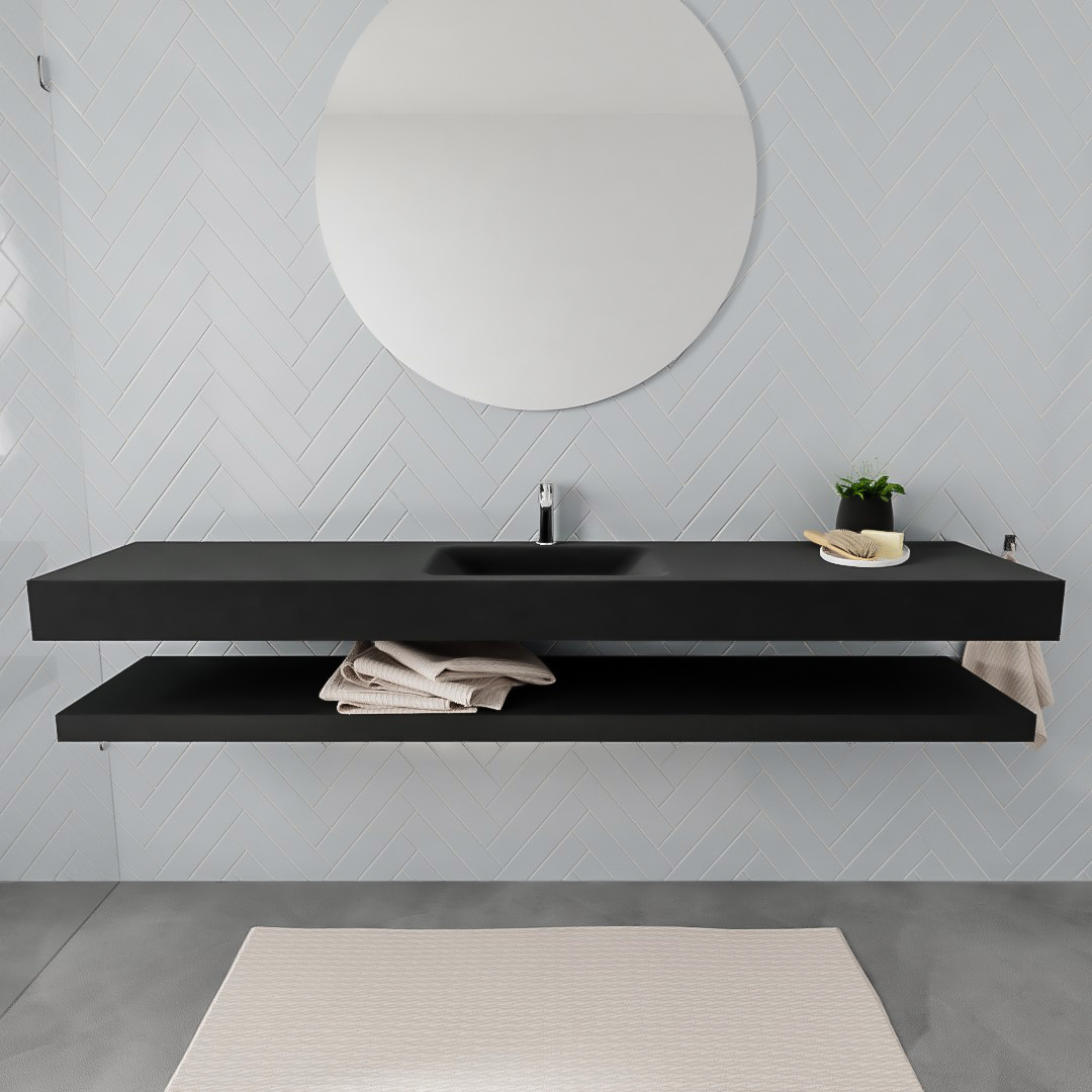 MONDIAZ ALAN 200cm solid surface estante Urban. Lavabo suspendido Centro 1 orificio, color Urban. 2 color Urban.