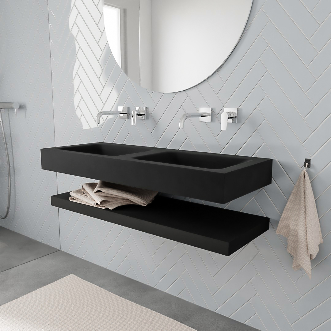 MONDIAZ ALAN 120cm solid surface estante Urban. Lavabo suspendido Doble sin orificio, color Urban. 1 MONDIAZ ALAN 120cm solid surface estante Urban. Lavabo suspendido Doble sin orificio