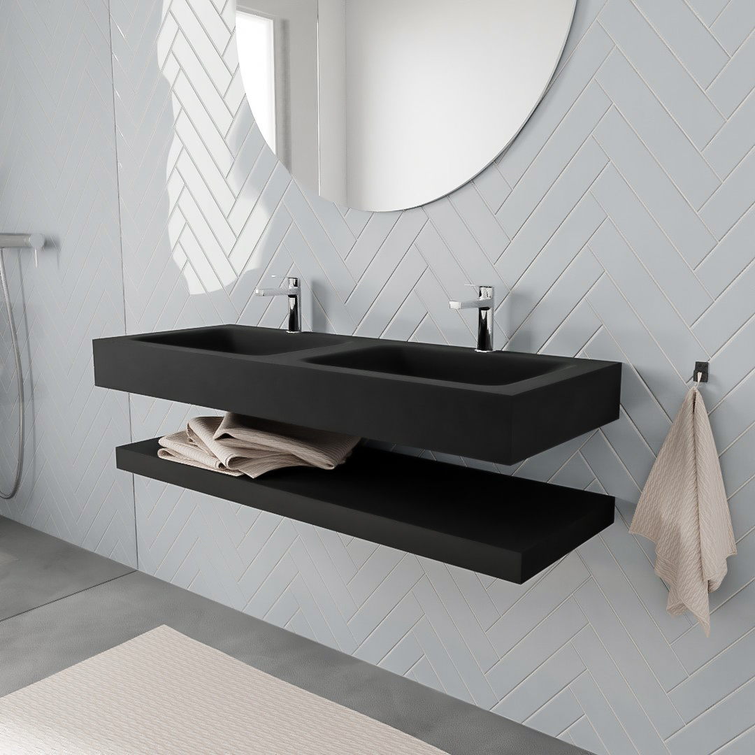 MONDIAZ ALAN 120cm solid surface estante Urban. Lavabo suspendido Doble 2 orificios, color Urban. 1 MONDIAZ ALAN 120cm solid surface estante Urban. Lavabo suspendido Doble 2 orificios