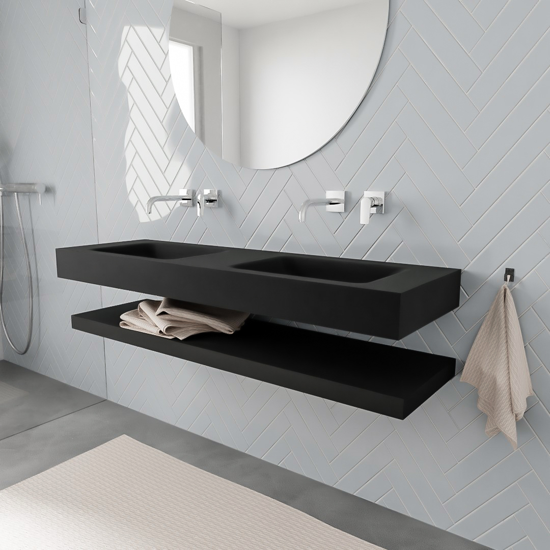 MONDIAZ ALAN 150cm solid surface estante Urban. Lavabo suspendido Doble sin orificio, color Urban. 1 MONDIAZ ALAN 150cm solid surface estante Urban. Lavabo suspendido Doble sin orificio