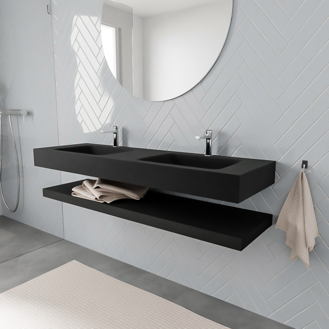 MONDIAZ ALAN 150cm solid surface estante Urban. Lavabo suspendido Doble 2 orificios, color Urban. 1 MONDIAZ ALAN 150cm solid surface estante Urban. Lavabo suspendido Doble 2 orificios