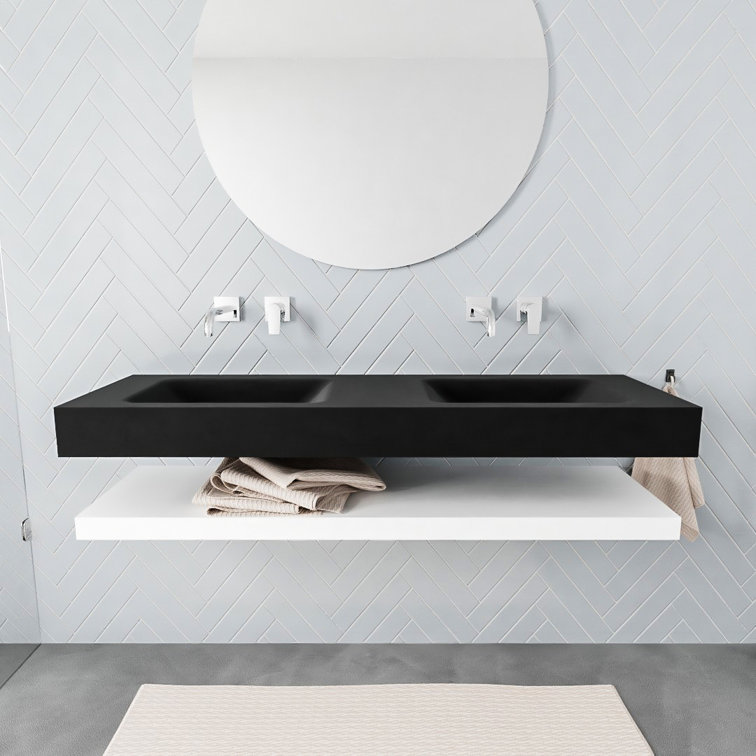 MONDIAZ ALAN 150cm solid surface estante Talc. Lavabo suspendido Doble sin orificio, color Urban. 2 color Urban.