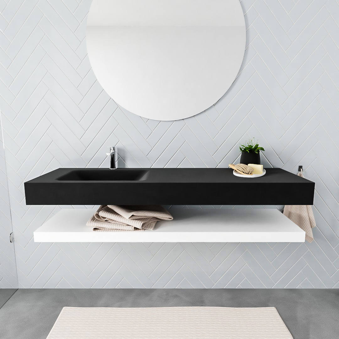MONDIAZ ALAN 150cm solid surface estante Talc. Lavabo suspendido Izquierda 1 orificio, color Urban. 2 color Urban.
