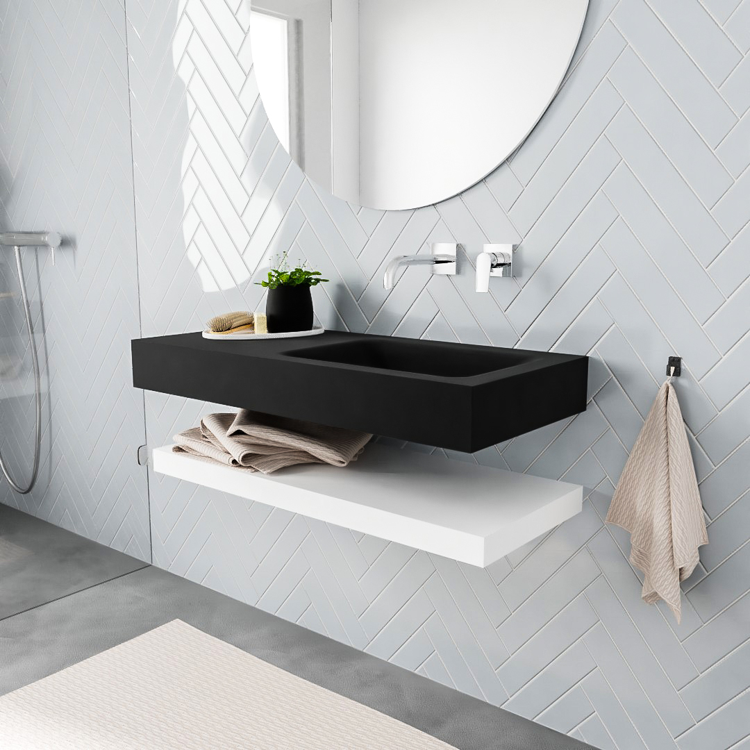 MONDIAZ ALAN 100cm solid surface estante Talc. Lavabo suspendido Derecho sin orificio