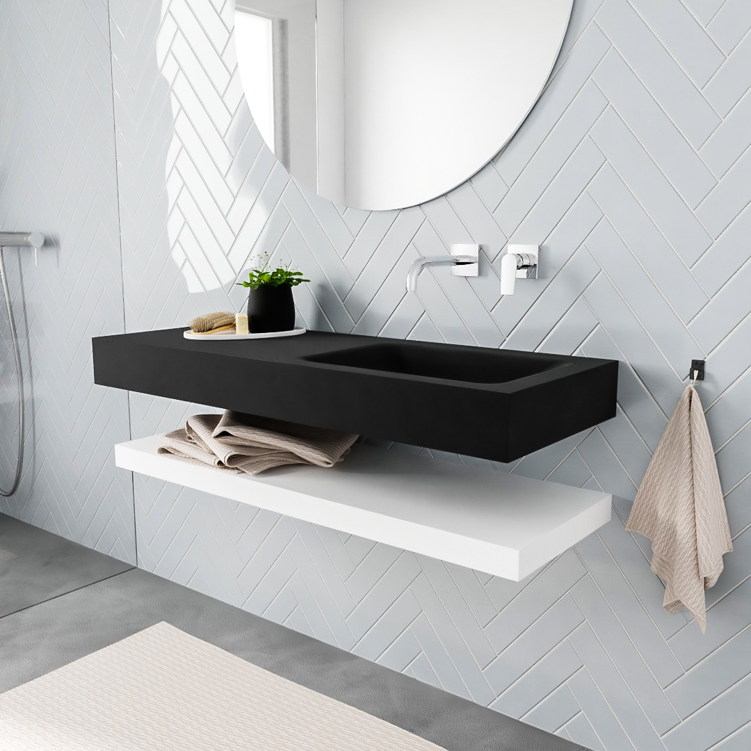 MONDIAZ ALAN 120cm solid surface estante Talc. Lavabo suspendido Derecho sin orificio