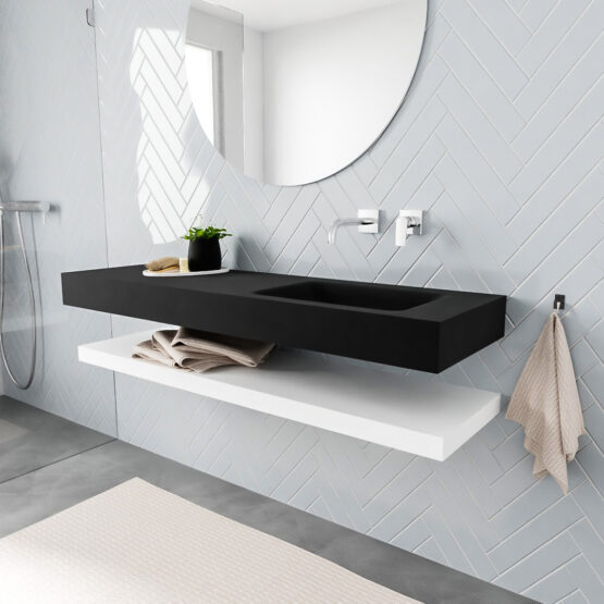 MONDIAZ ALAN 150cm solid surface estante Talc. Lavabo suspendido Derecho sin orificio