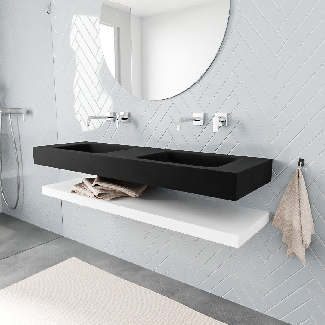 MONDIAZ ALAN 150cm solid surface estante Talc. Lavabo suspendido Doble sin orificio, color Urban. 1 MONDIAZ ALAN 150cm solid surface estante Talc. Lavabo suspendido Doble sin orificio